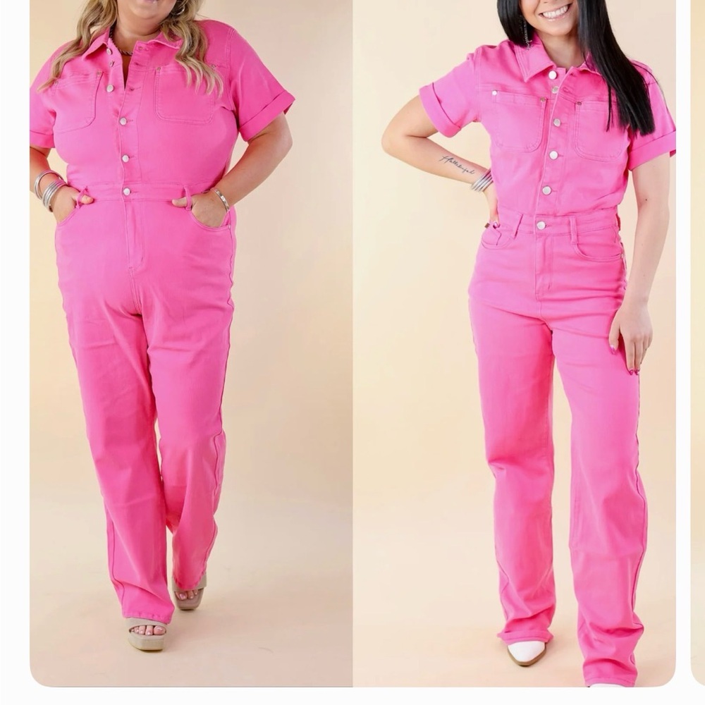 Judy Blue Bright Pink Short-Sleeve Utility Jumpsuits